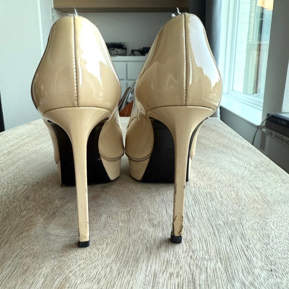 SAINT LAURENT Paris Platform Heels Nude Patent Leather Size 37.5 Italy Glam - Picture 3 of 12